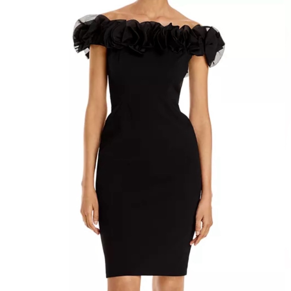 🆕Aidan Mattox by Adrianna Papell Black Ruffle Midi Dress Size 10 Silk Trim Party